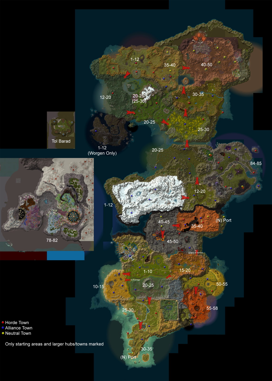 cataclysm国外玩家制作的大灾变各地区等级范围和营地示意图