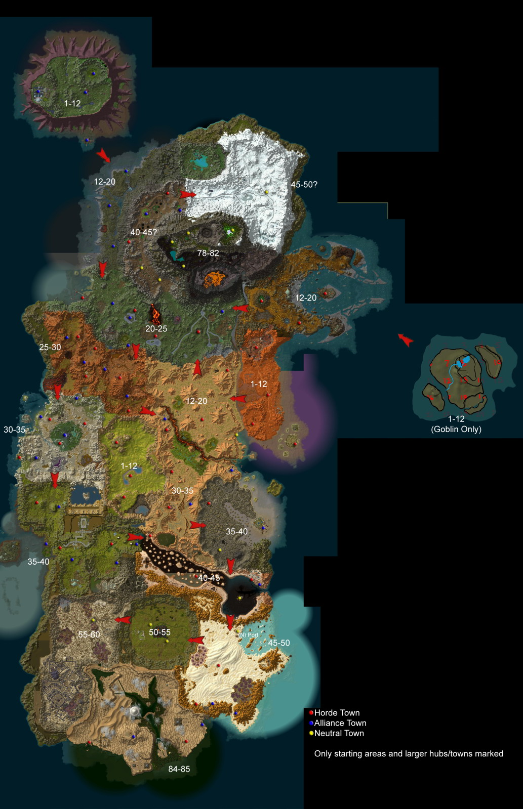 cataclysm国外玩家制作的大灾变各地区等级范围和营地示意图