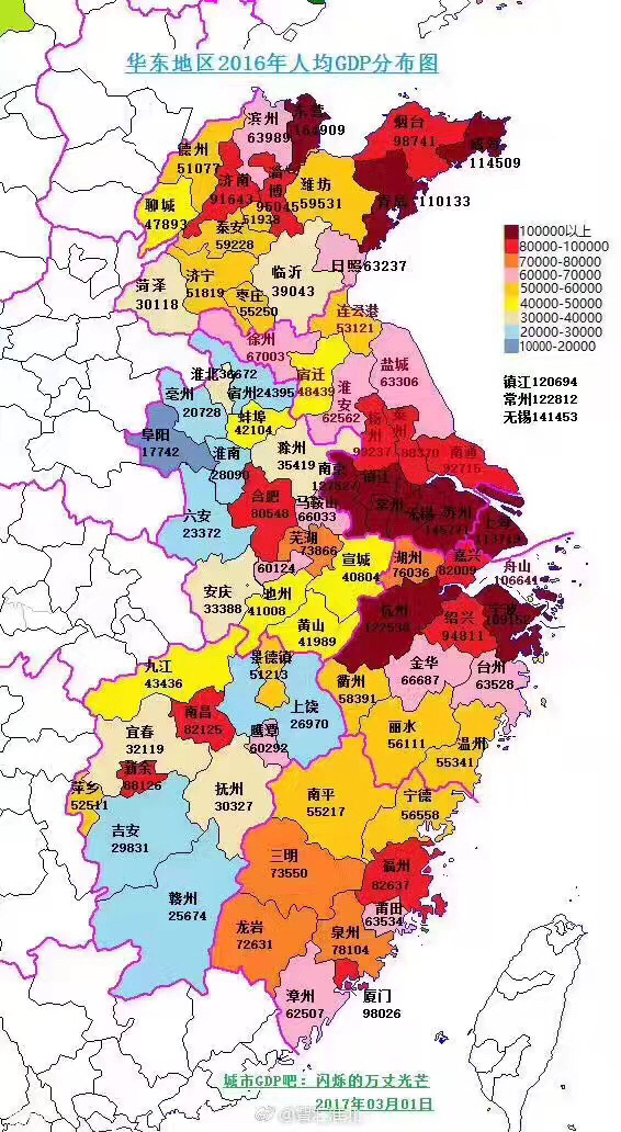 华东地区2016年人均gdp来看看你是被平均了还是走在了前面