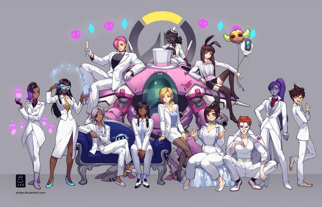 同人创作搬运守望先锋白色礼服女性英雄全家福
