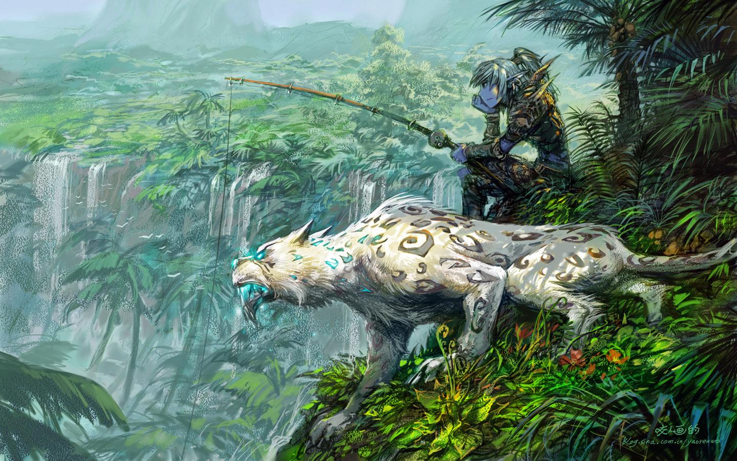 求猎人在河边钓鱼,白色幽灵虎蹲在一边的那张壁纸