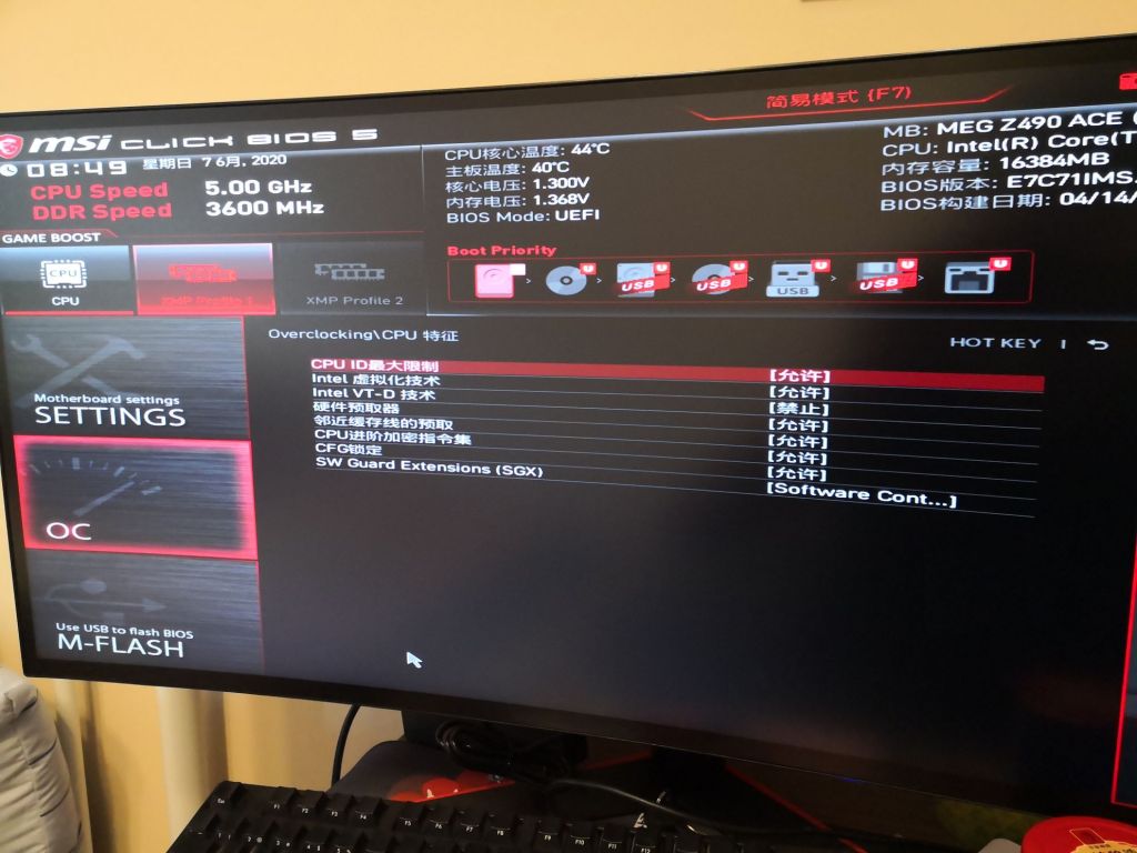 微星z490 ace主板bios cpu特征栏目里缺少可选项目?