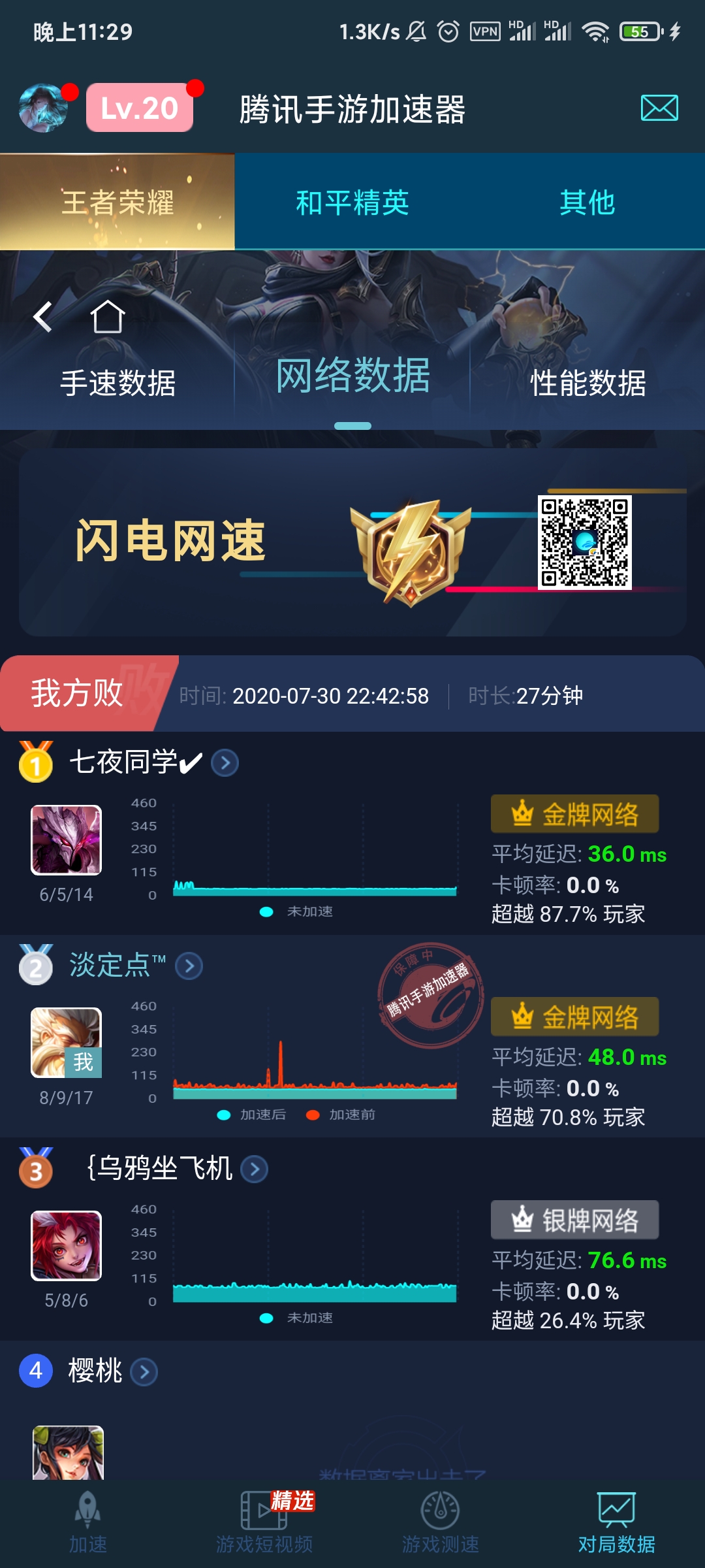 腾讯手游加速器有点牛逼啊打完可以看队友的网络状况和手机型号