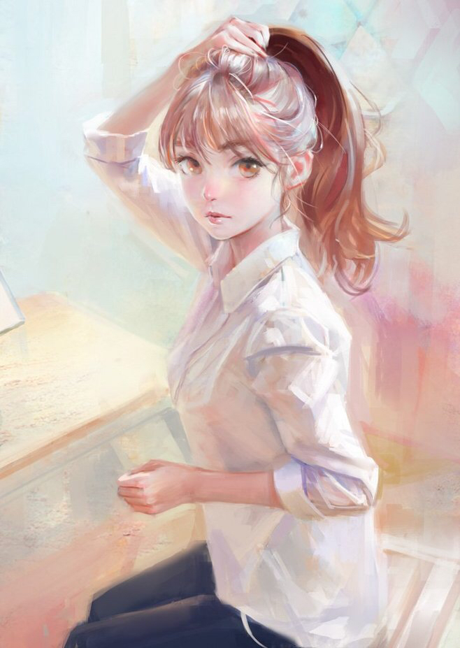 觉得女的嘴叼着皮筋眼睛看向一边双手向后胸向前挺扎头发的样子