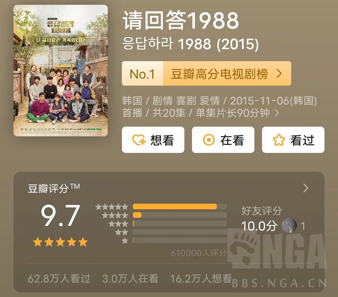 韩剧《请回答1988》豆瓣评分9.7所有电视剧里分数最高