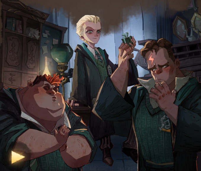 我才发现马尔福三人组卡面里的俩跟班其实是罗恩和哈利啊