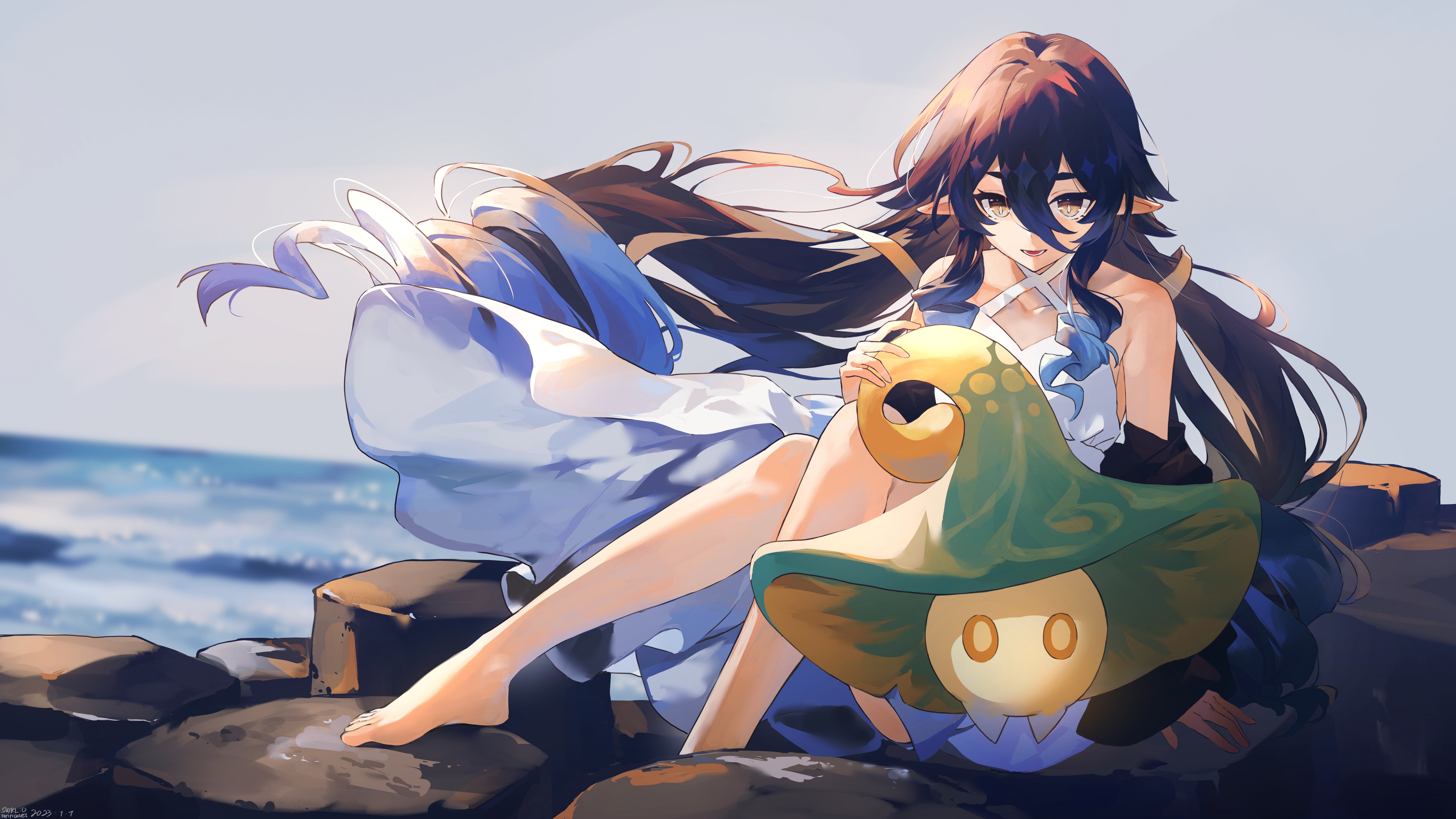 插画搬运带转转悠悠兽去海边玩的莱伊拉