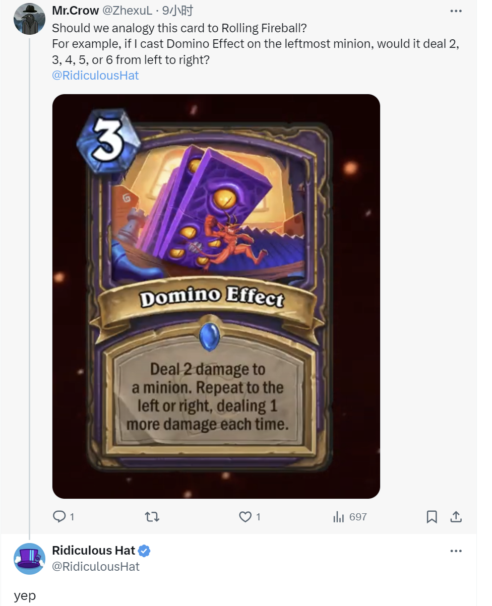 DII新卡] 术士稀有法术多米诺效应3费对一个随从造成2点伤害。向左侧或右侧重复此效果，每次伤害增加1点。 NGA玩家社区