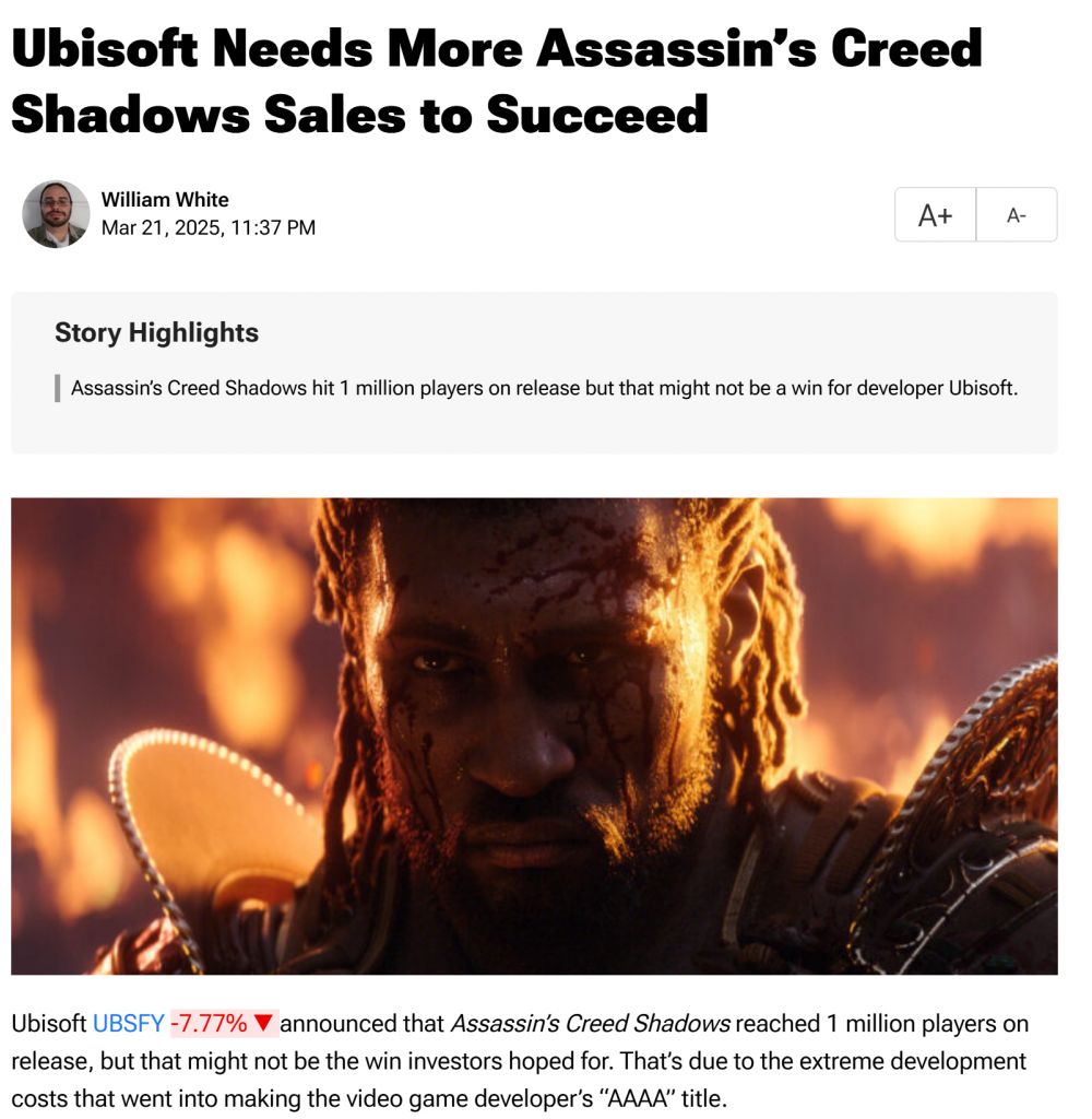 受《刺客信条：影》首发失利表现影响，育碧股价大跌7% NGA玩家社区